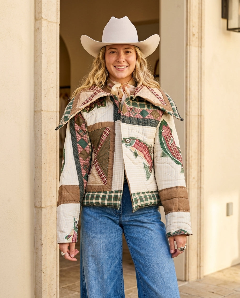 Oversized Lapel Patchwork Quilted Cropped Jacket with Fish Appliqué