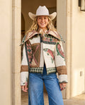 Oversized Lapel Patchwork Quilted Cropped Jacket with Fish Appliqué