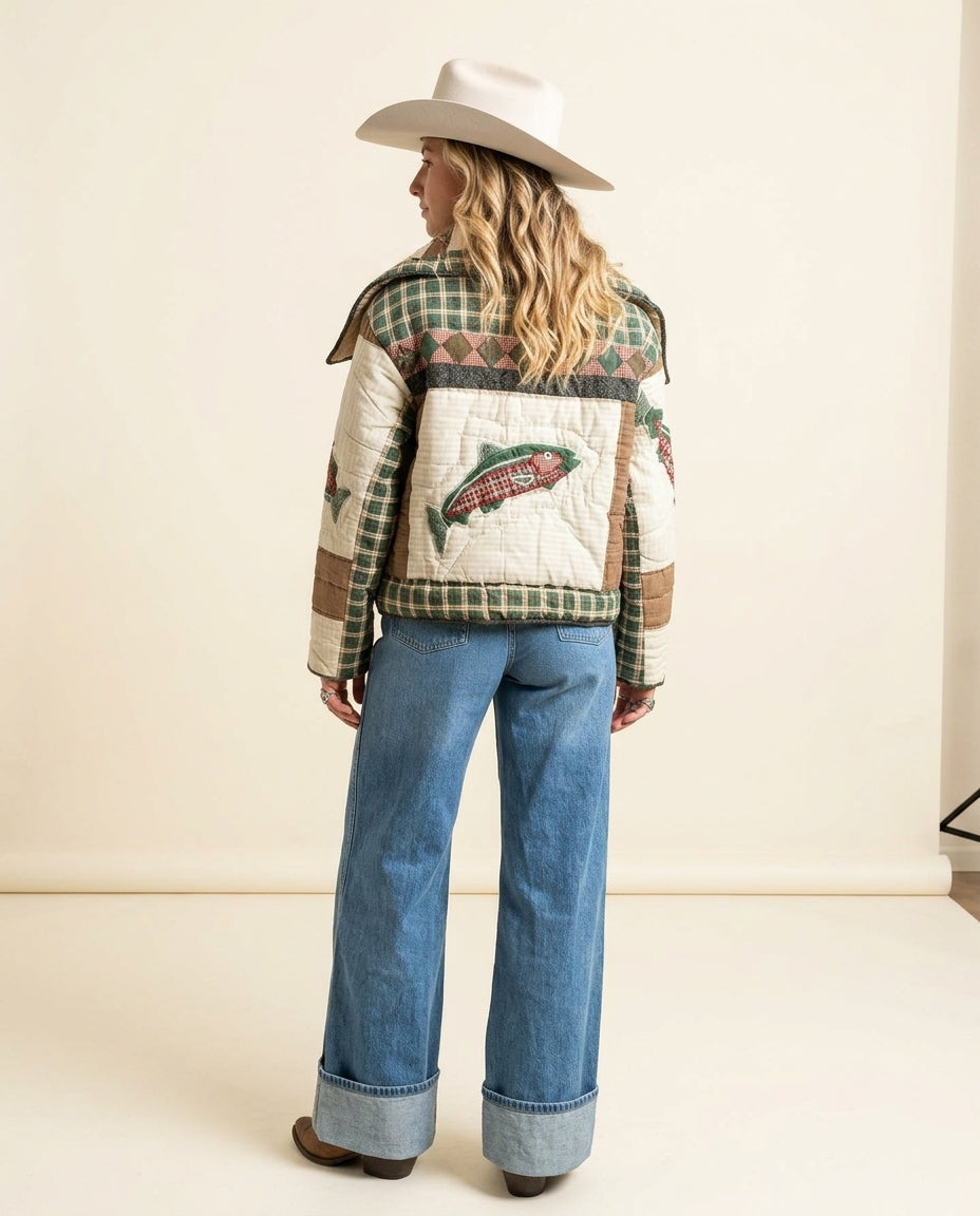 Oversized Lapel Patchwork Quilted Cropped Jacket with Fish Appliqué