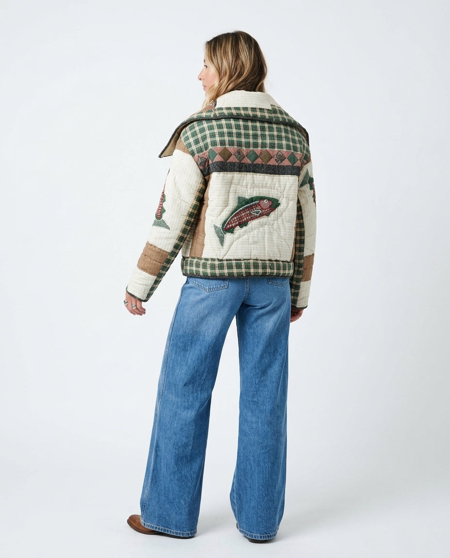 Oversized Lapel Patchwork Quilted Cropped Jacket with Fish Appliqué