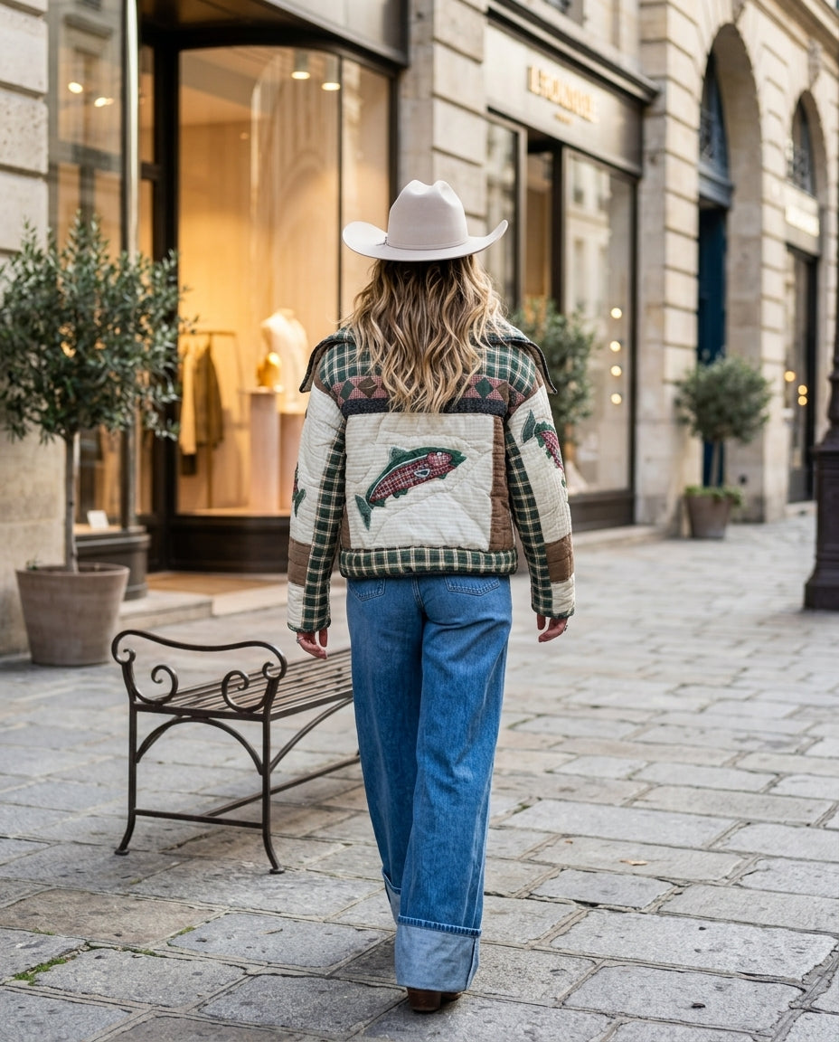 Oversized Lapel Patchwork Quilted Cropped Jacket with Fish Appliqué