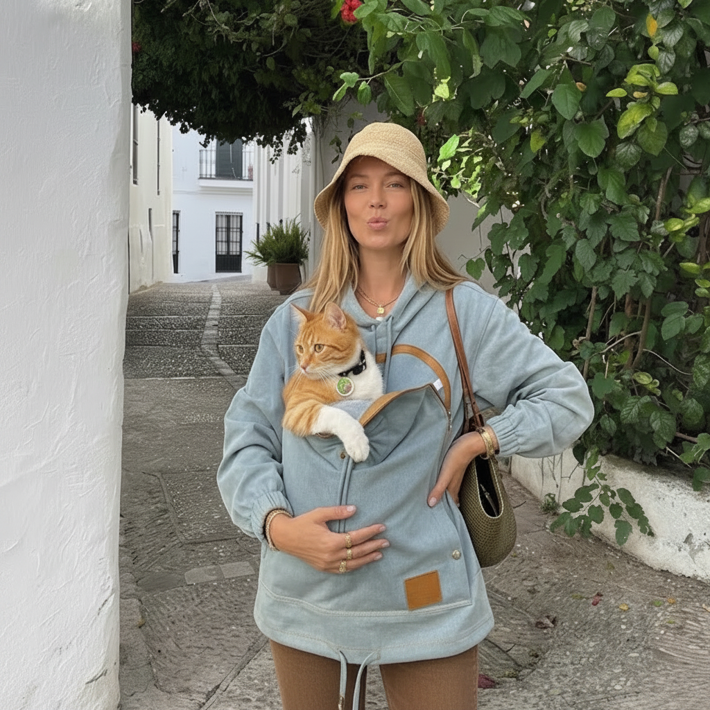 Women's Denim Hoodie with Pet Pouch - Cute Dog Apparel