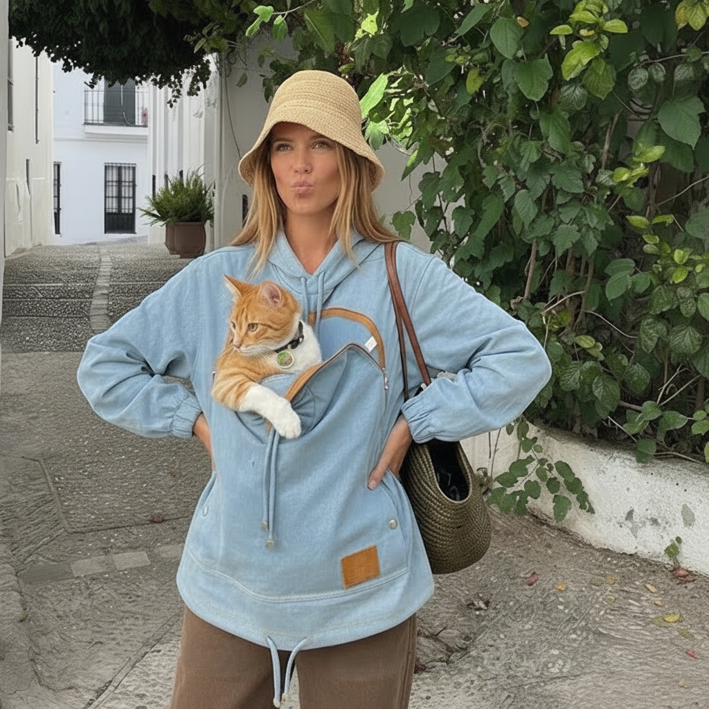 Women's Denim Hoodie with Pet Pouch - Cute Dog Apparel