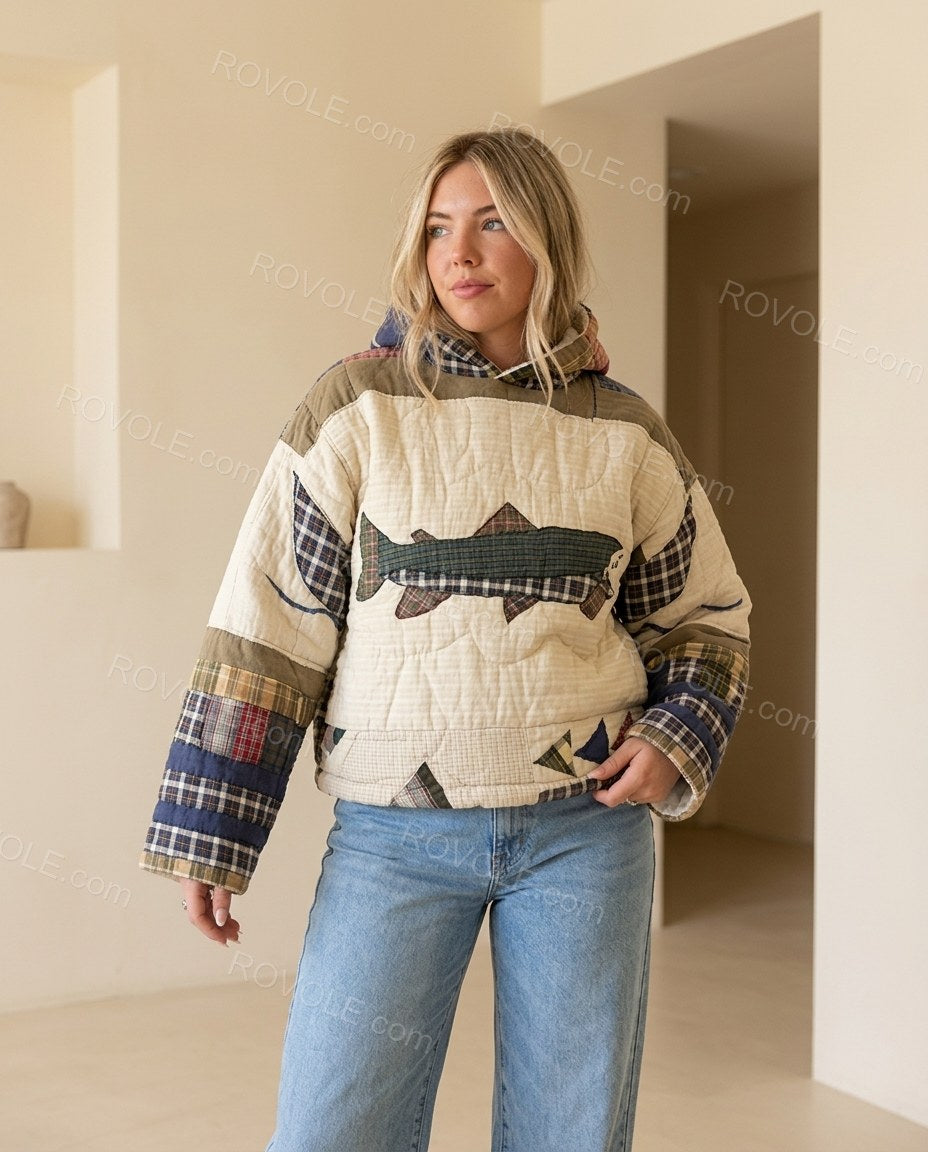 Patchwork Fish Applique Quilted Hooded Jacket