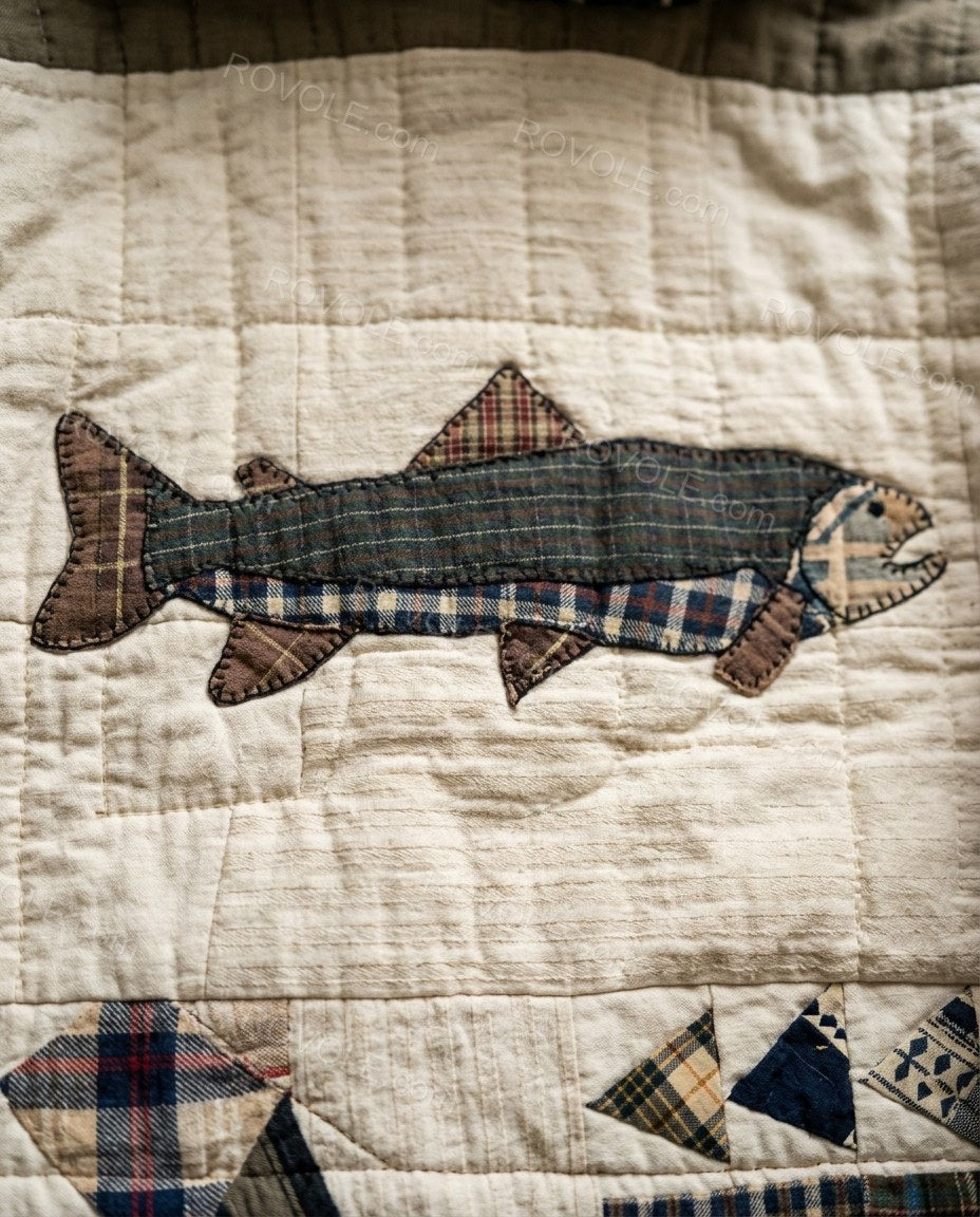 Patchwork Fish Applique Quilted Hooded Jacket